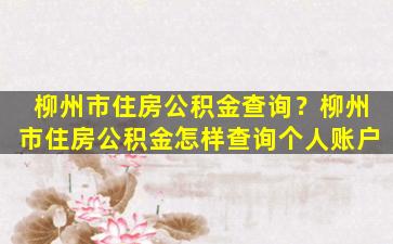 柳州市住房公积金查询？柳州市住房公积金怎样查询个人账户